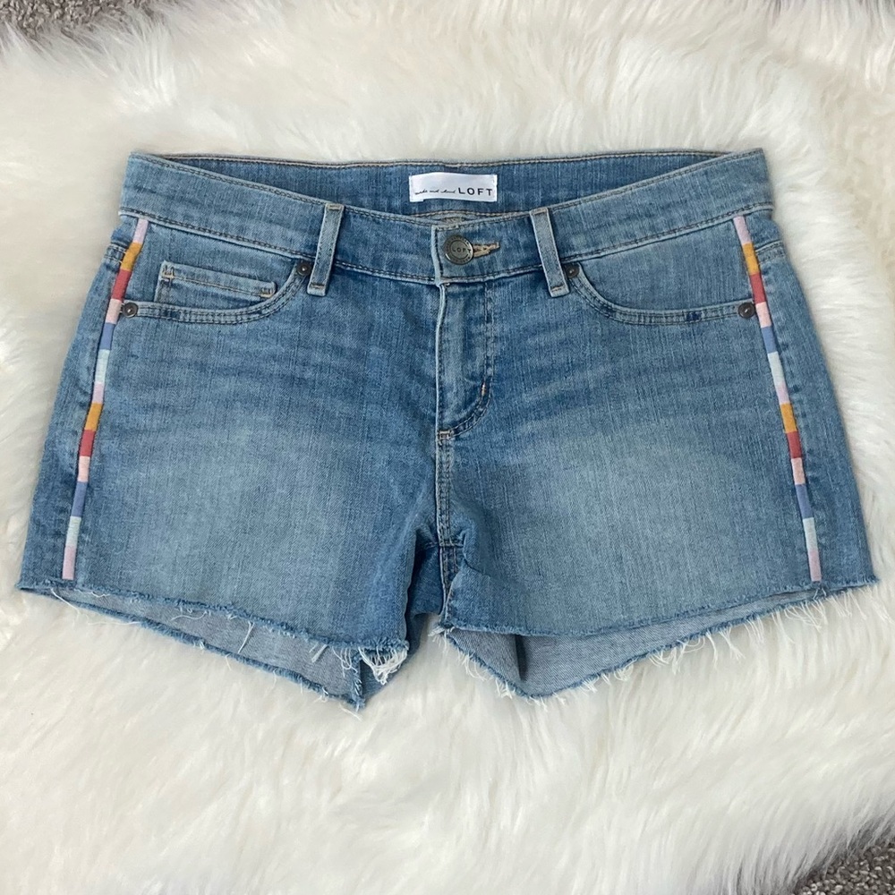Loft Cut Off Jean Shorts Rainbow Side Stitching 2